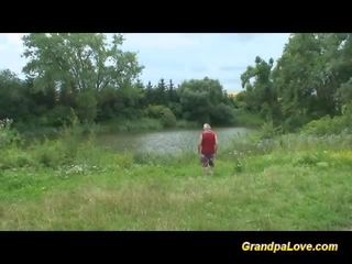 Grandpa gets lucky with a blonde feature in the public park