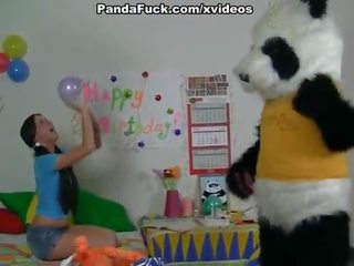 Began to play with a big prick toy panda