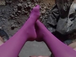 POV film of NightMiss feet in purple pantyhose giving sloppy handjob x rated video shows