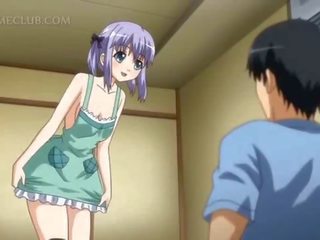 Shy hentai doll in apron jumping craving pecker in bed