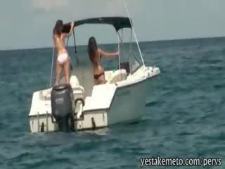 Two naughty amateur girls desiring Threesome on a speed boat