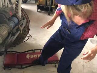 Blonde wife with big tits gets sucks manhood in the garage