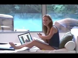 Summer exceptional young blonde amateur posing and painting toenails
