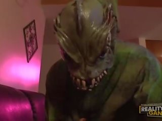 Little outstanding brunette fucked hard by youth with monster costume